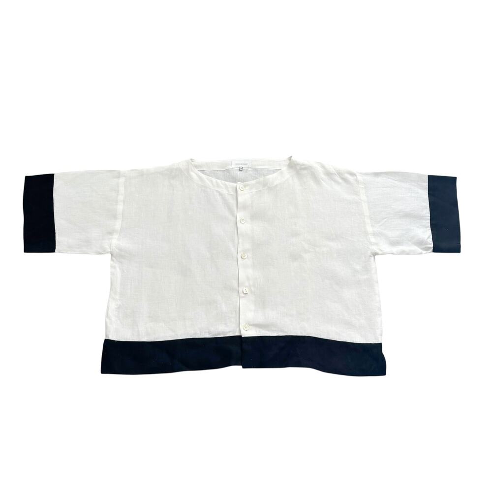 ESKANDAR LINEN TOP SHORT SLEEVES NEUTRAL BOXY FIT WOMEN SIZE XL(VANITY SIZE 0)